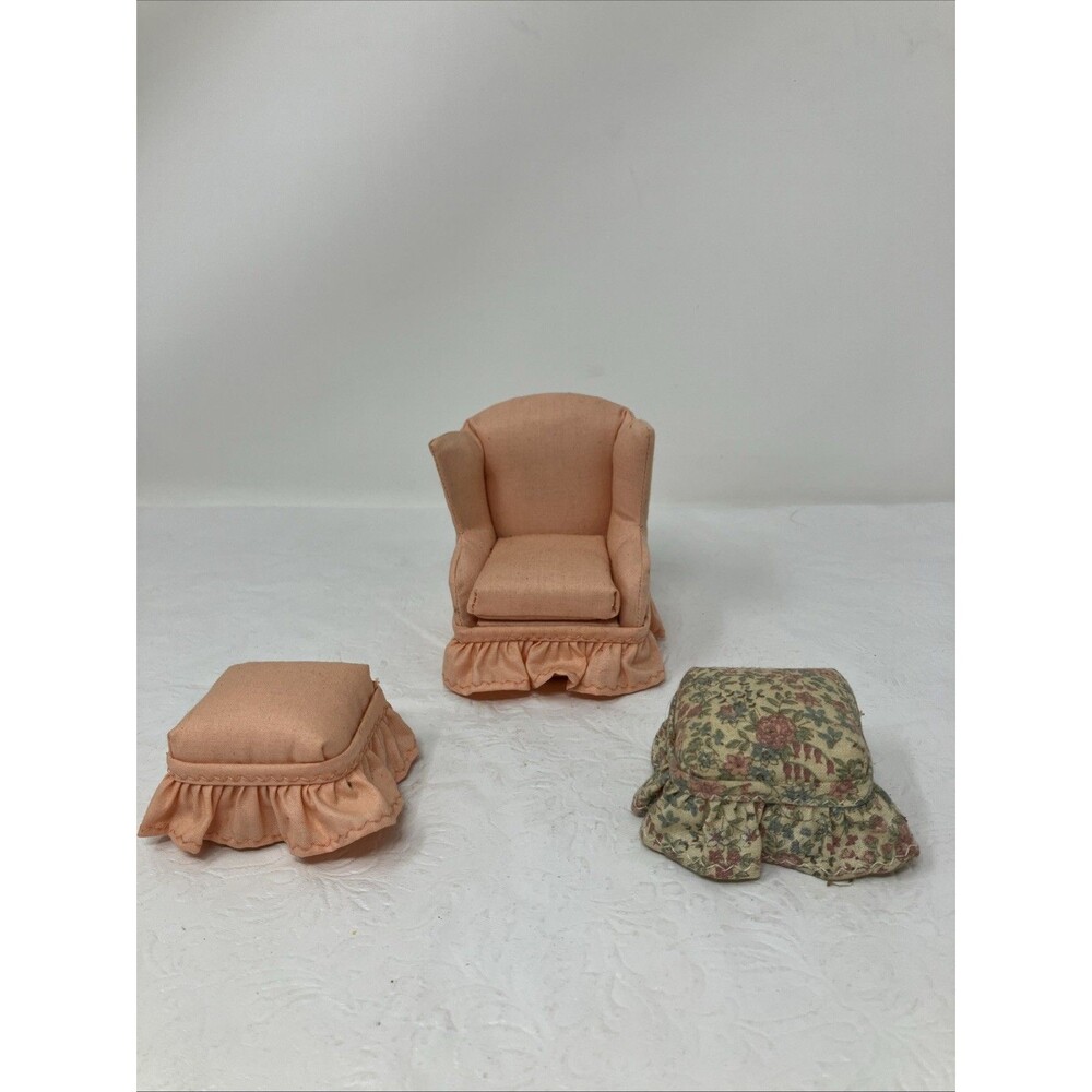 Miniature Vintage Armchair Dollhouse Stuffed Fabric Skirt & 2 Ottomans 1:12